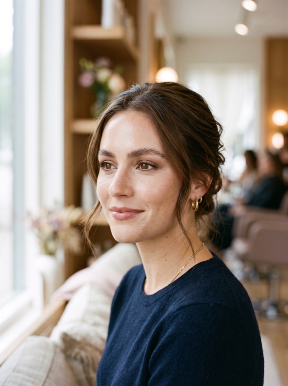 Klientka po makijażu okolicznościowym, portret przy oknie salonu