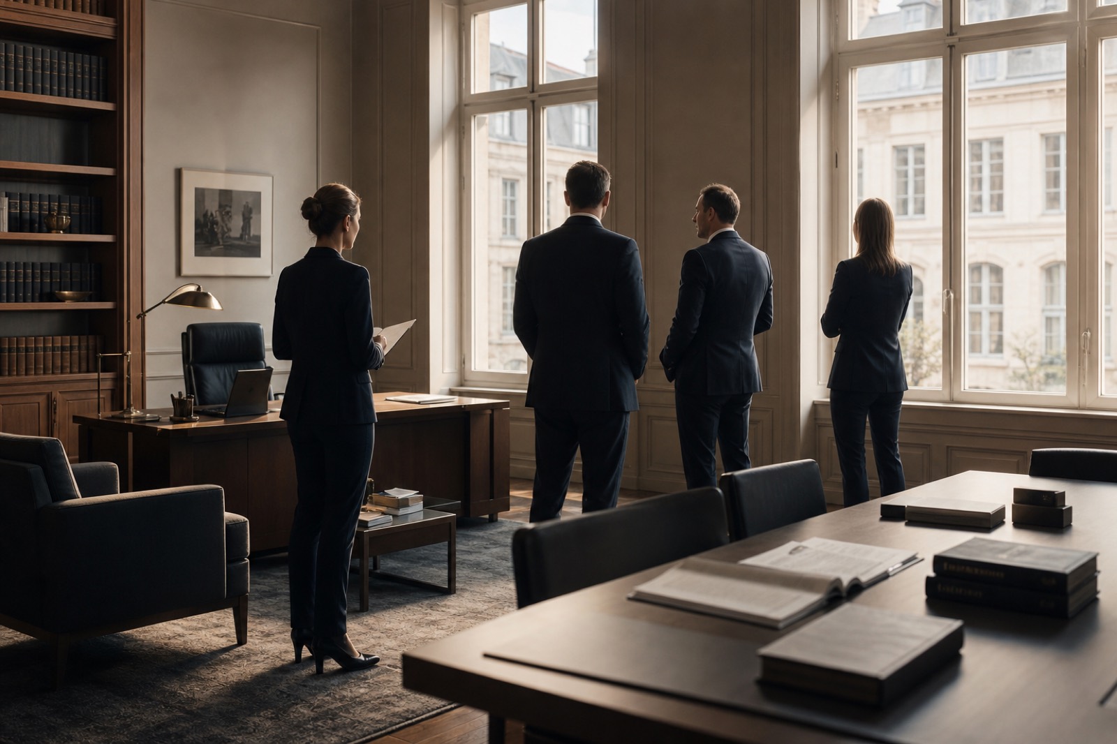 Zespół kancelarii w eleganckim wnętrzu biurowym