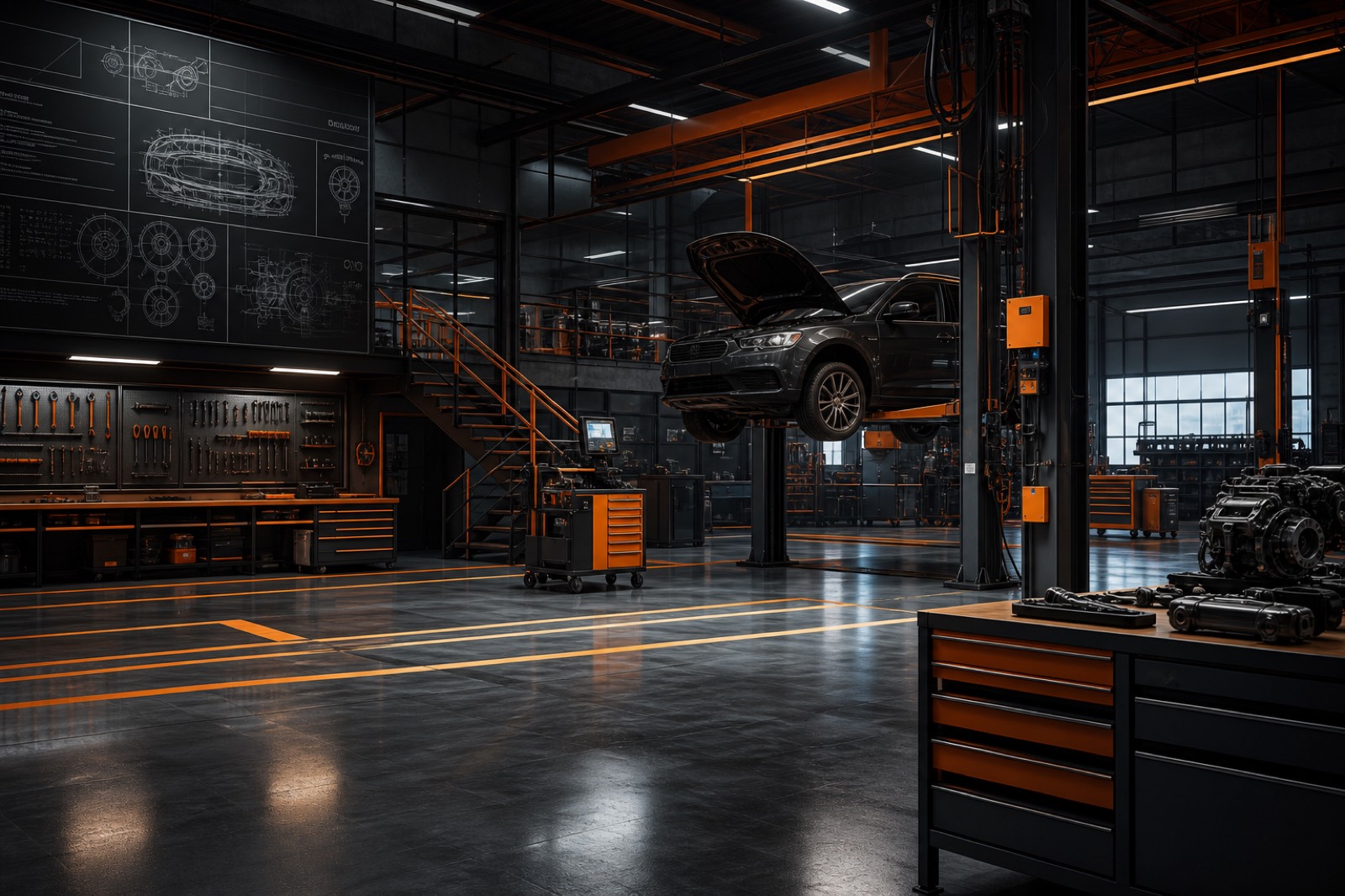 Wnętrze warsztatu samochodowego w industrialnym stylu