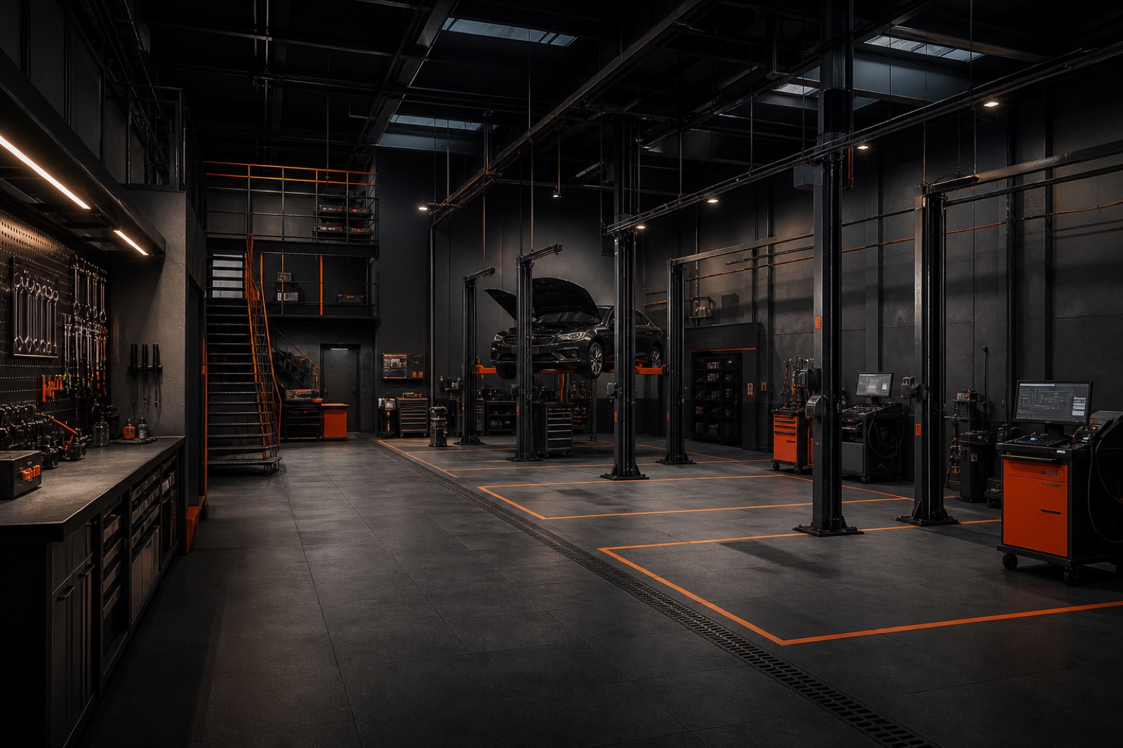 Wnętrze nowoczesnego warsztatu samochodowego w industrialnym stylu